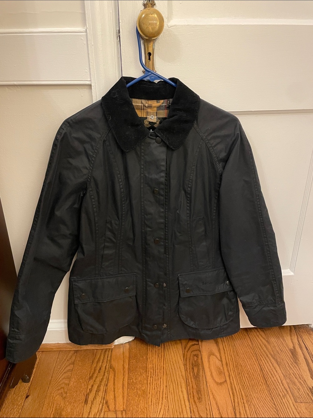 Barbour Black Waxed Cotton Utility Jacket with Corduroy Collar